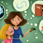 Drawing of a woman talking to her child about getting Invisalign aligners at the orthodontist