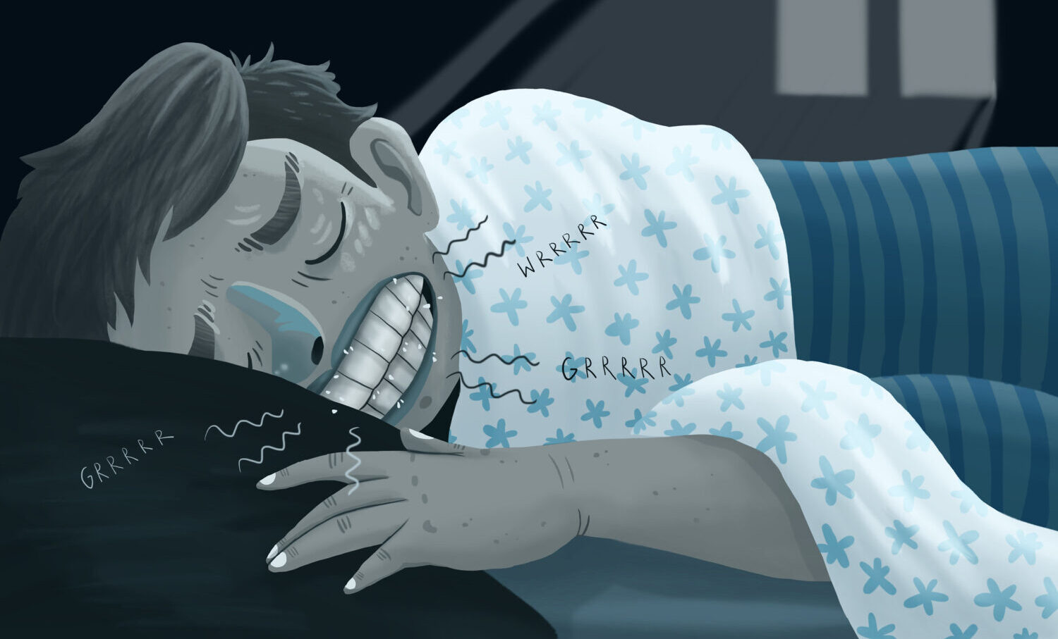 Man grinds his teeth as he sleeps in his bed at night