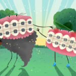 Silly illustration of a walking mouth with braces and a beard and a younger mouth with a skateboard