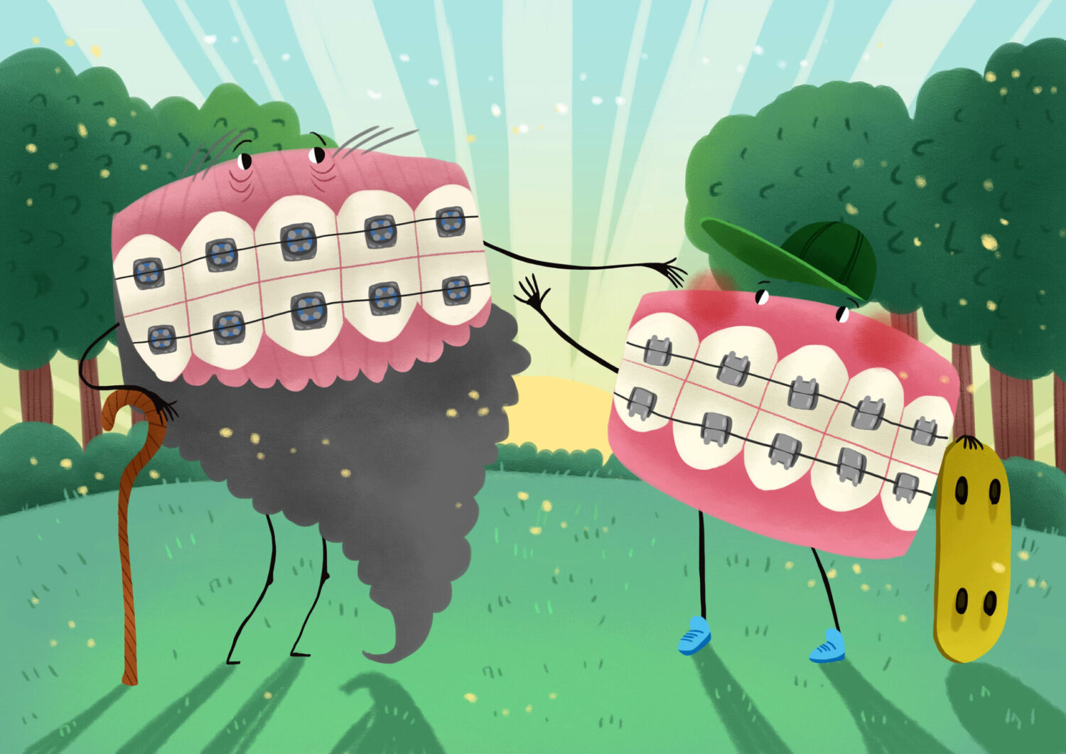 Silly illustration of a walking mouth with braces and a beard and a younger mouth with a skateboard